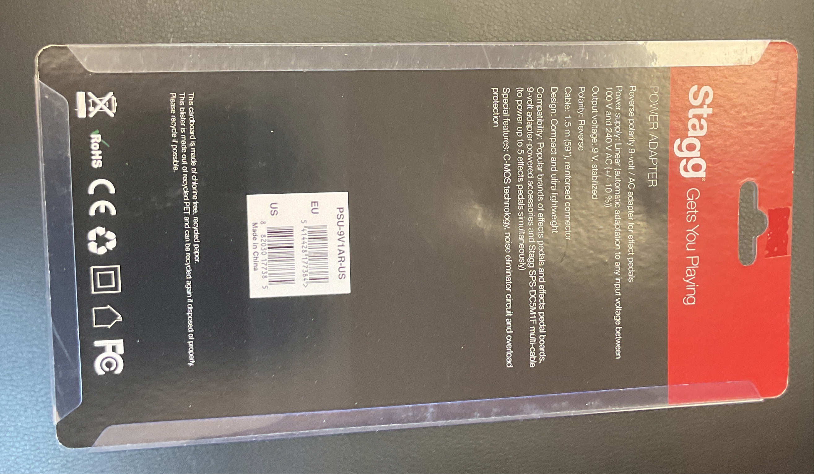 Image of Stagg 9-volt Guitar Pedal Adapter~1.0amp~59” cable (center negative)